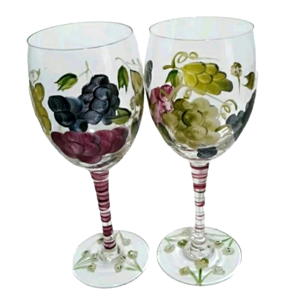 Dining | Wine Glass Grape Vine Design Set Of 2 Beautiful Hand Painted ...